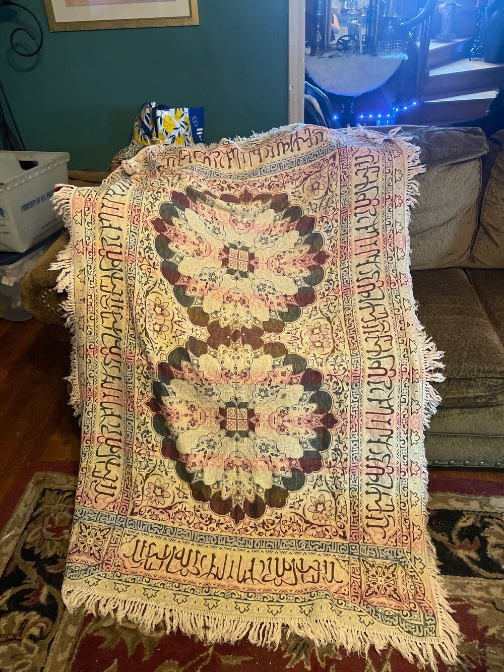 Vintage Persian qalamkar tapestry, tablecloth, linen, bedding